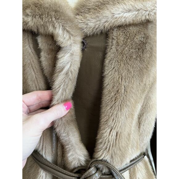 Vintage 1960’s Faux Fur Leather Penny Lane Belted Trench Coat Sz Small - Picture 6 of 16